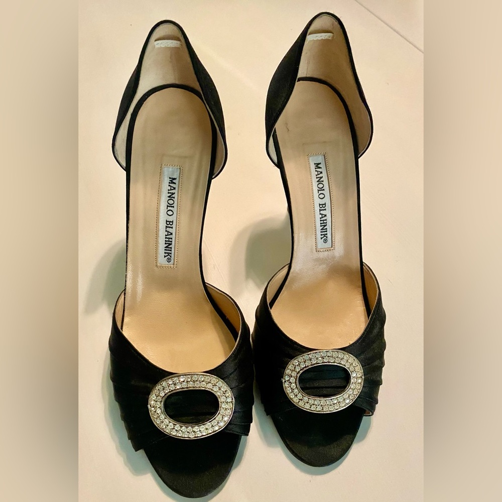 Manolo Blahnik Black Satin Sedaraby D’Orsay Heels- 90mm - Picture 2 of 5